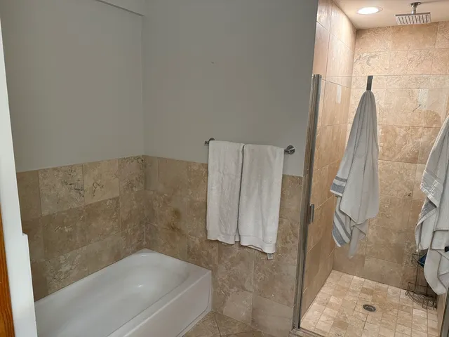 a bathroom with a shower and a tub