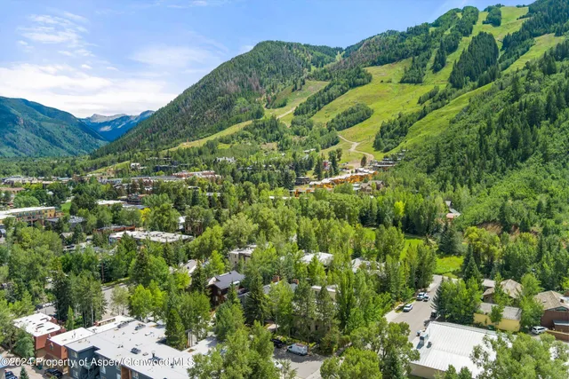 an aerial view of residential houses with outdoor space and trees