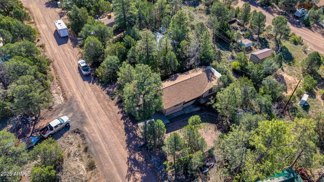 an aerial view of a house with a yard and garden