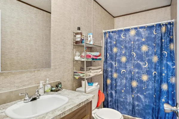 a bathroom with a granite countertop sink and a toilet