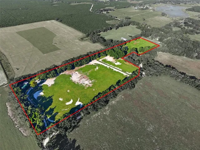 a view of a park with large trees