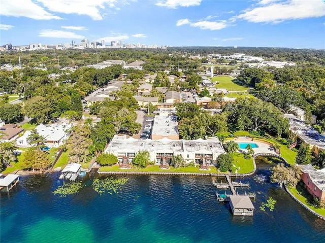 a view of a city with lawn chairs