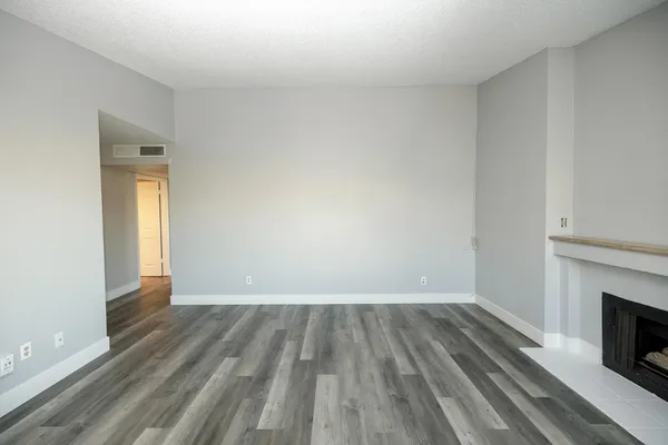a view of empty room with wooden floor and fireplace