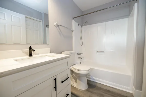 a bathroom with a sink toilet a shower and bathtub