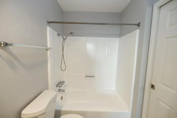 a bathroom with a shower and a toilet