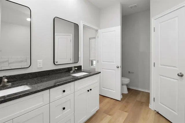 a bathroom with a granite countertop sink and a mirror