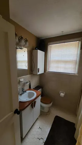 a bathroom with a sink toilet and mirror