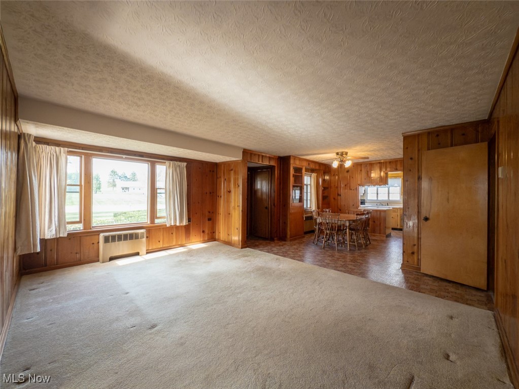 3356 Waterloo Road Mogadore, OH 44260 - Photo 8 of 24 Unfurnished living room featuring carpet floors, wooden walls, a textured ceiling, and radiator