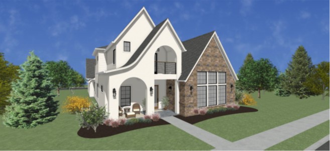 View of front of house with a front yard, stucco siding, stone siding, and a porch