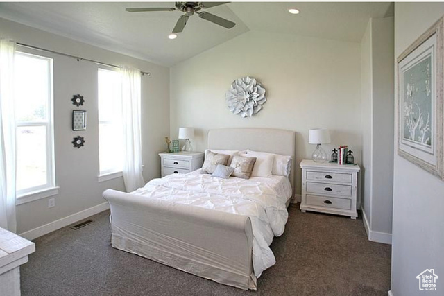 1447 North 1350 E Street, Unit 5 Mapleton, UT 84664 - Photo 9 of 10 Bedroom featuring vaulted ceiling, dark colored carpet, ceiling fan, and recessed lighting
