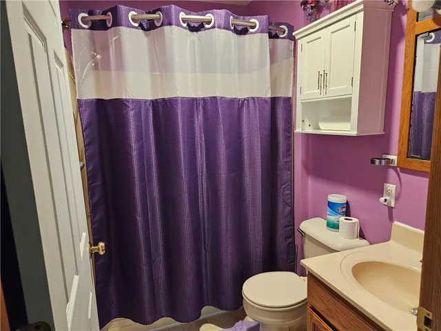 a bathroom with a sink a toilet and shower curtain