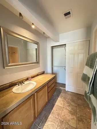 a bathroom with a sink and mirror with bathtub