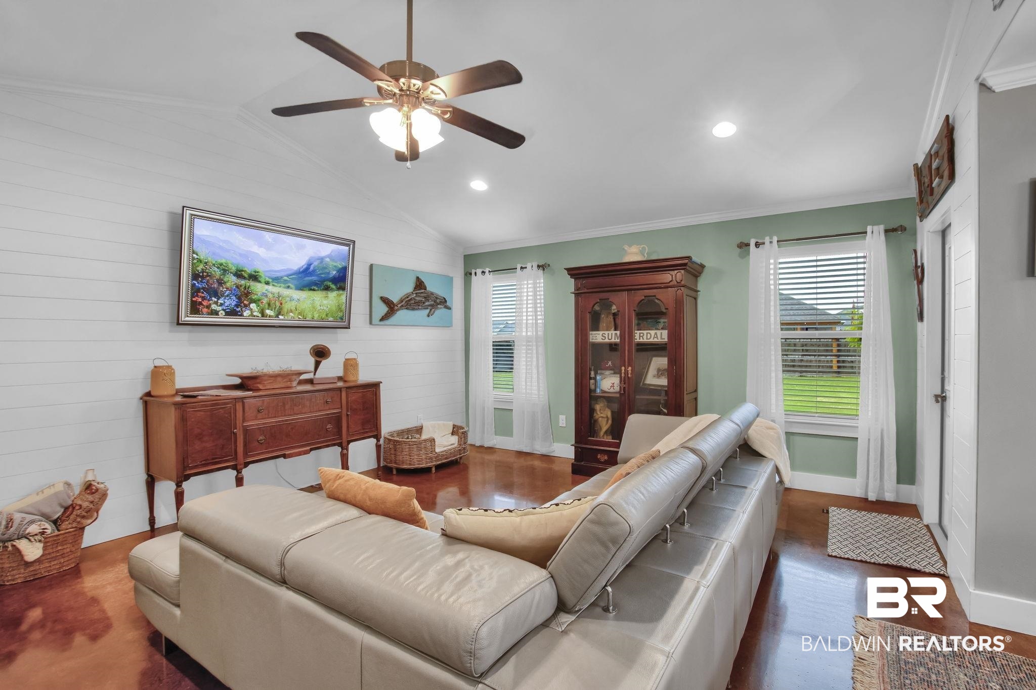 203 Lakefront Circle Summerdale, AL 36580 - Photo 12 of 69 Living room featuring ornamental molding, lofted ceiling, ceiling fan, and dark wood-type flooring