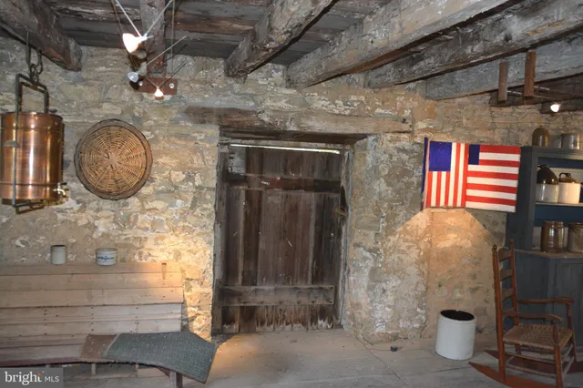 a view of a backyard with table and chairs potted plants and large tree