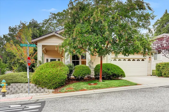 a front view of a house with a yard and potted plants