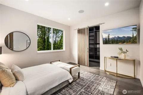 a bedroom with a bed and a flat screen tv