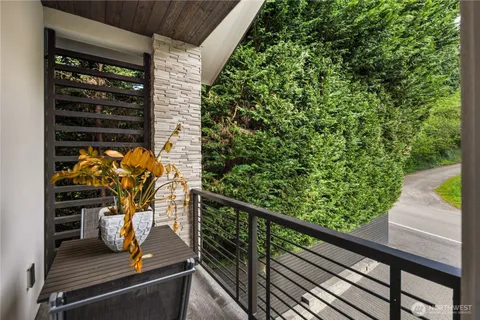 a view of a balcony with wooden floor and potted plants