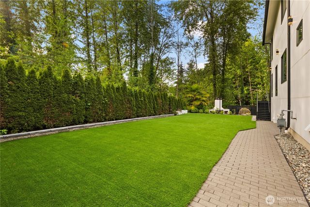a view of a park with large trees