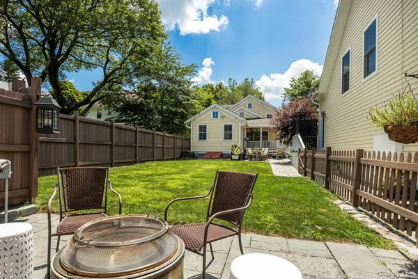 a backyard of a house with table and chairs