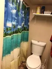 a white toilet sitting next to a yard