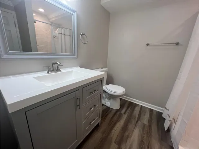 a bathroom with a sink toilet a mirror and vanity
