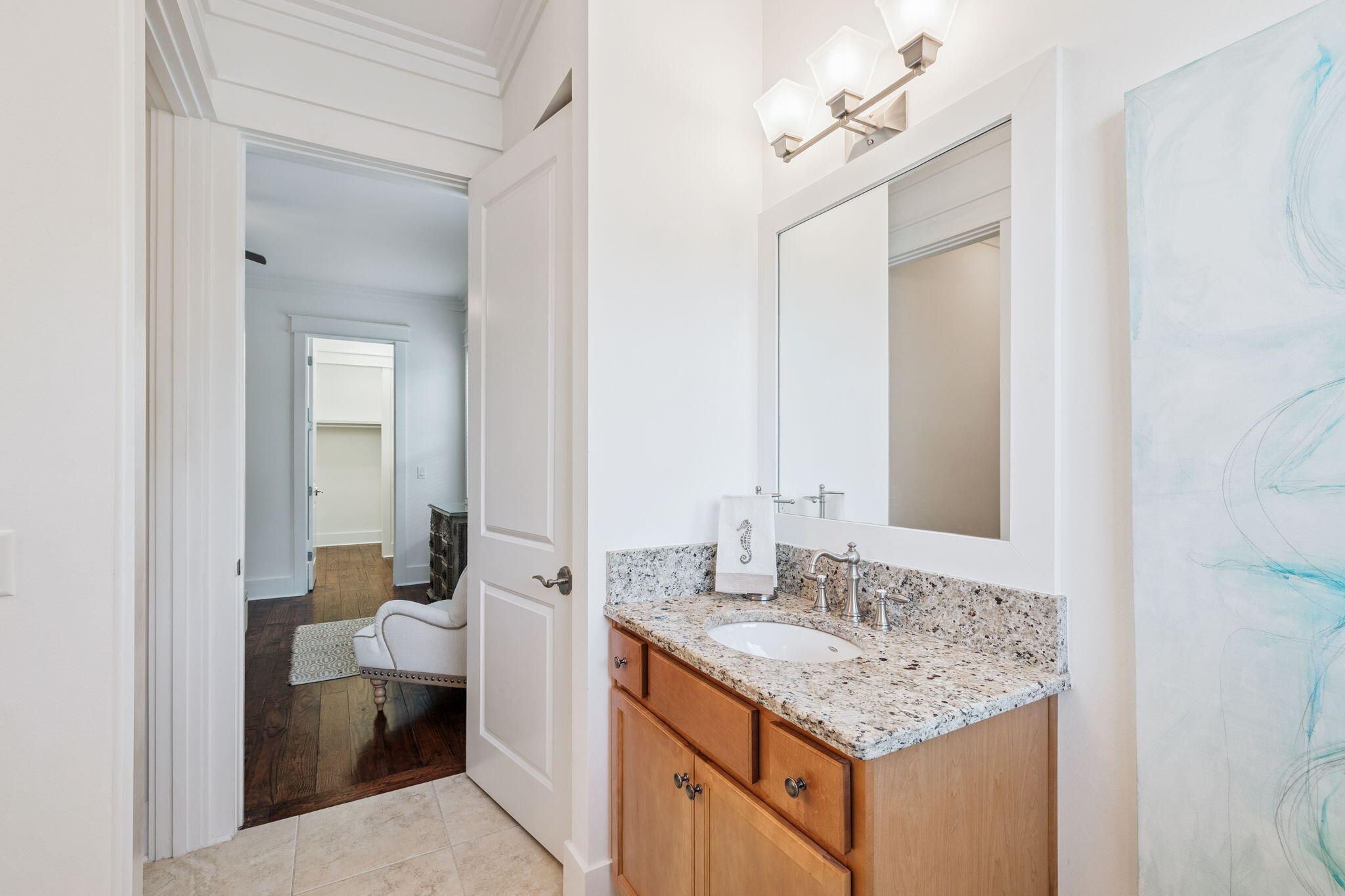 844 Sandgrass Boulevard Santa Rosa Beach, FL 32459 - Photo 29 of 74 a en suite bathroom with a granite countertop sink and a mirror
