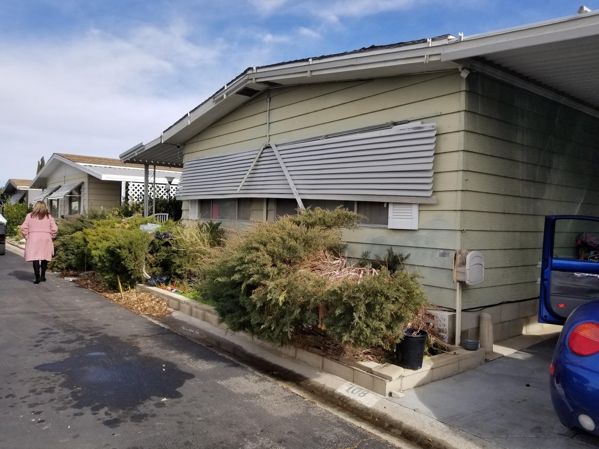a front view of a house with plants