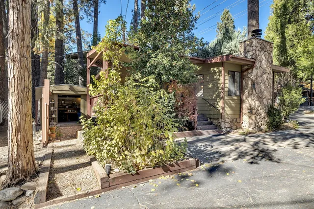 a view of a pathway of a house with a tree