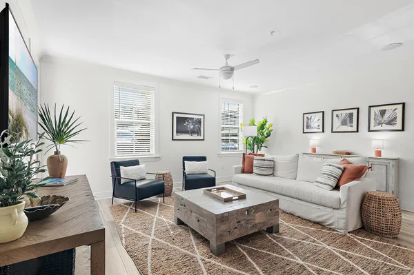 a living room with furniture potted plant and a window