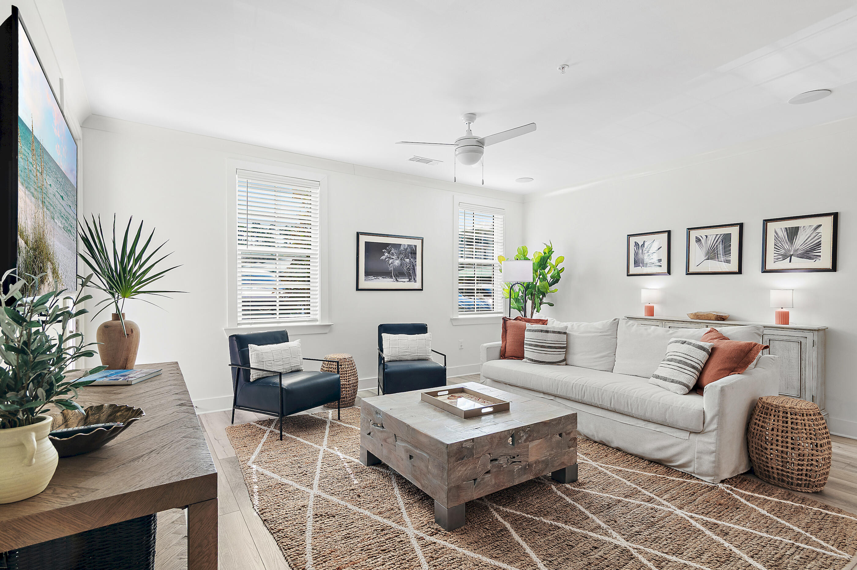 a living room with furniture potted plant and a window