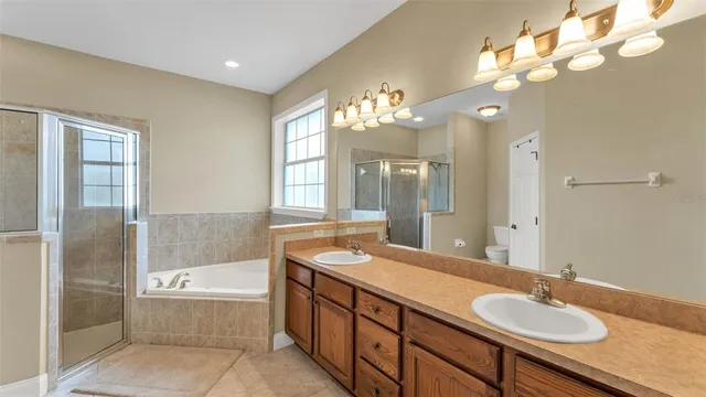 a bathroom with a granite countertop sink a large mirror and a bathtub