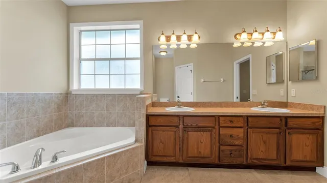 a bathroom with a tub a double vanity sink and a mirror