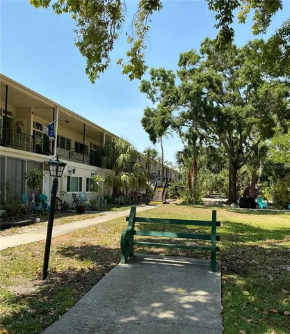 a view of a park with large trees