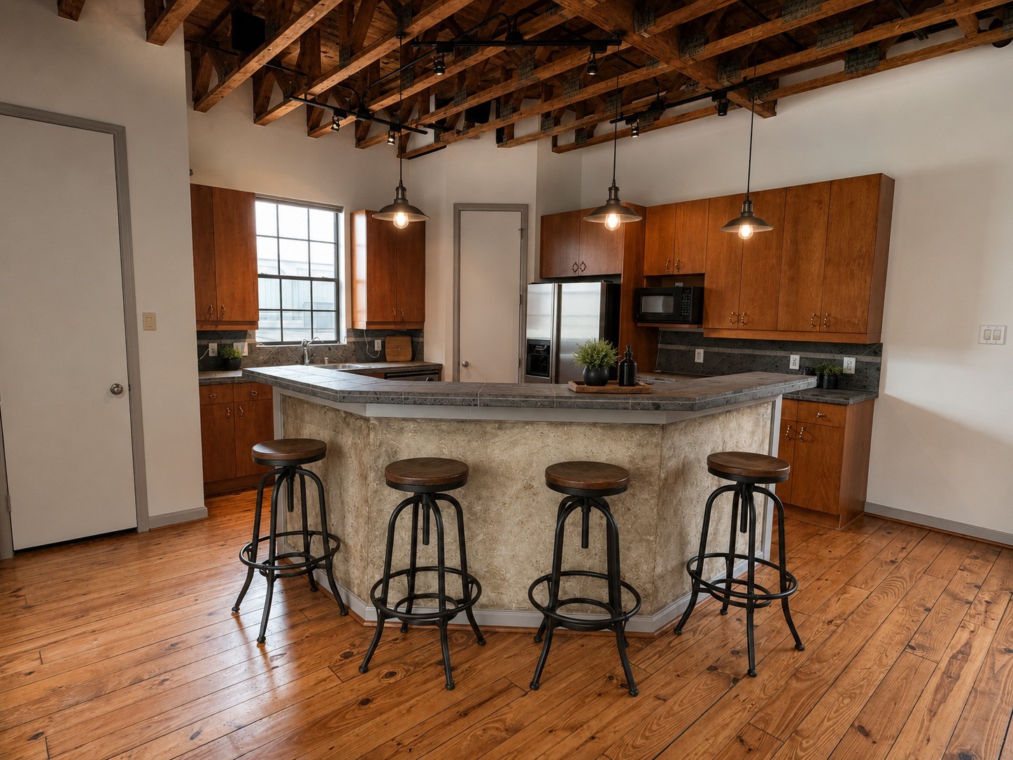 1213 Dunlavy Street Houston, TX 77019 - Photo 13 of 27 a kitchen with stainless steel appliances granite countertop a table chairs sink and wooden floor