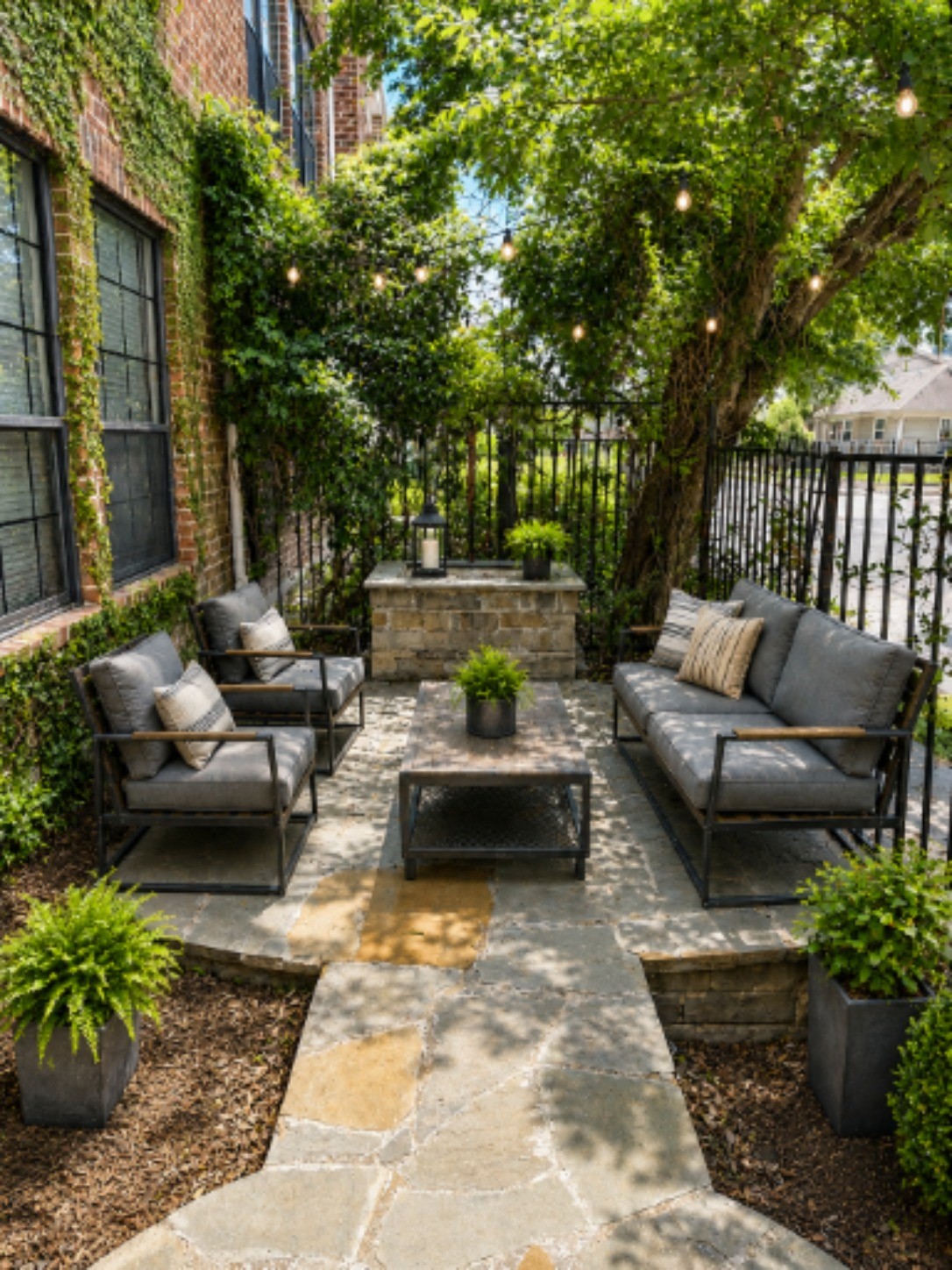 1213 Dunlavy Street Houston, TX 77019 - Photo 6 of 27 a view of a patio with couches and a fire pit and wooden fence