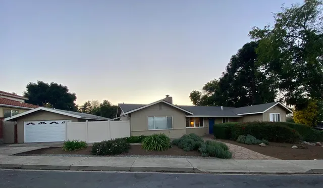 a view of house with a yard and potted plants