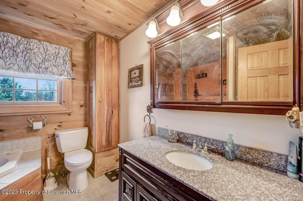 6733 State Rte 2012 Union Dale, PA 18470 - Photo 56 of 69 a bathroom with a granite countertop toilet a sink and a mirror