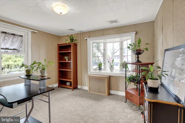 a living room with furniture a window and a potted plant