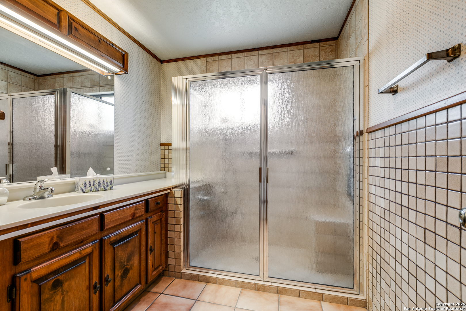 707 Berry Ranch Road Pearsall, TX 78061 - Photo 32 of 40 a bathroom with a shower sink and mirror