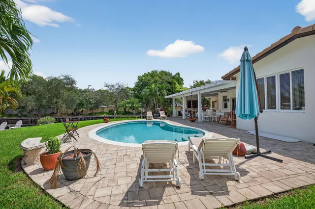 a view of a swimming pool with a garden and plants