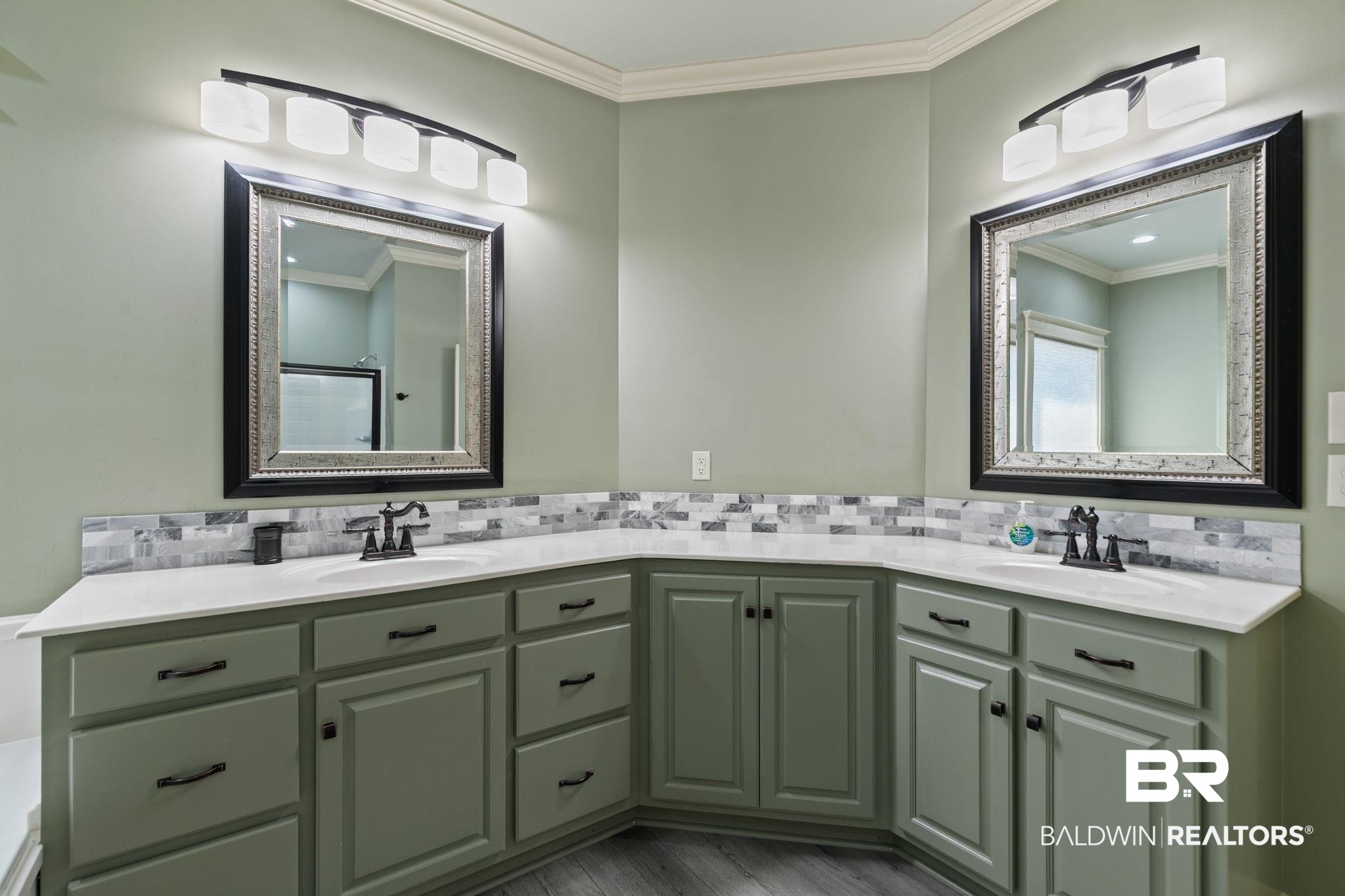 9584 Sanibel Loop Daphne, AL 36526 - Photo 23 of 48 Full bath with crown molding, tasteful backsplash, double vanity, and wood finished floors