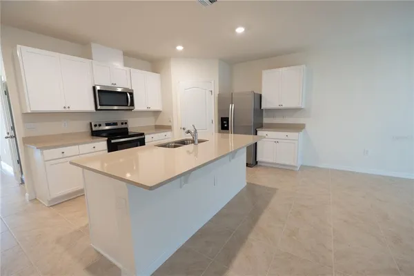 a kitchen with a stove and a microwave