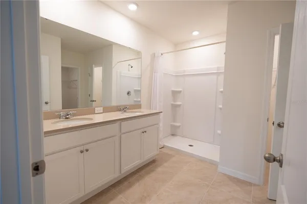 a bathroom with a sink a shower and a mirror