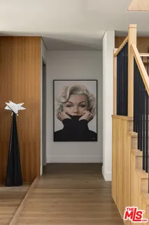 a view of a hallway with wooden floor and a cabinet