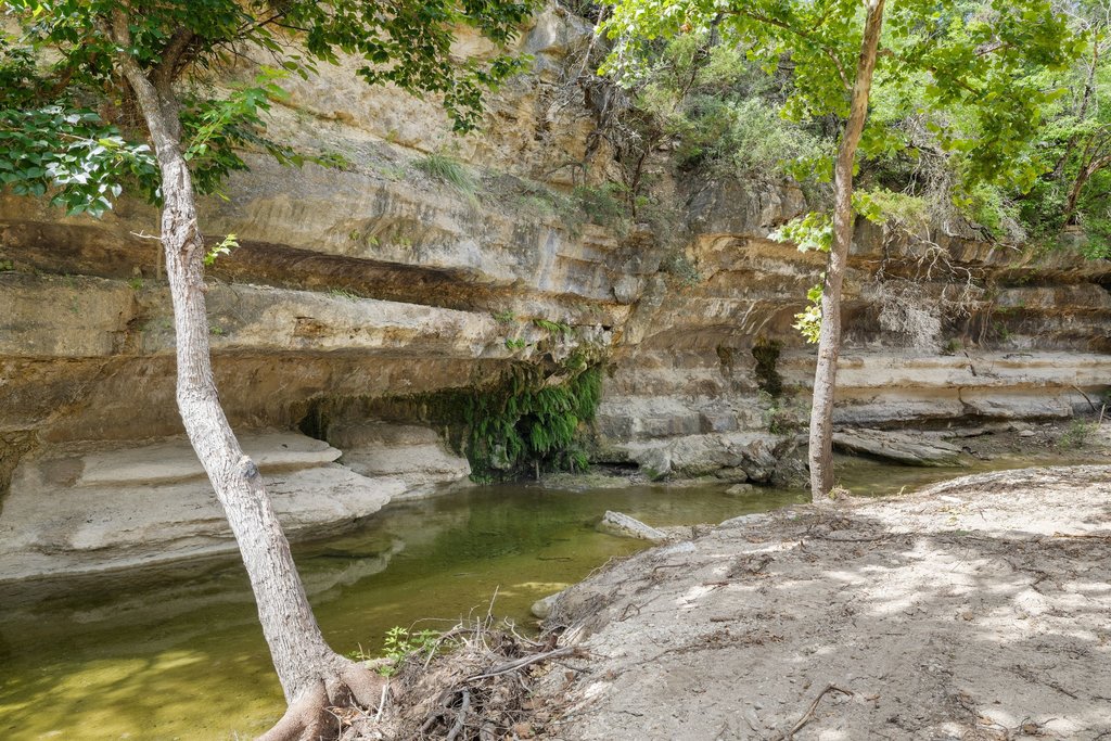 23644 Nameless Road Leander, TX 78641 - Photo 26 of 40 Discover a tranquil stream flowing past layered rock formations, enveloped by lush greenery.