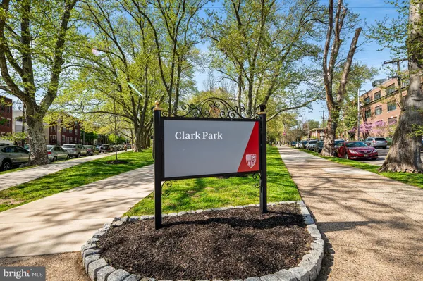 a view of a street with a bench and large trees