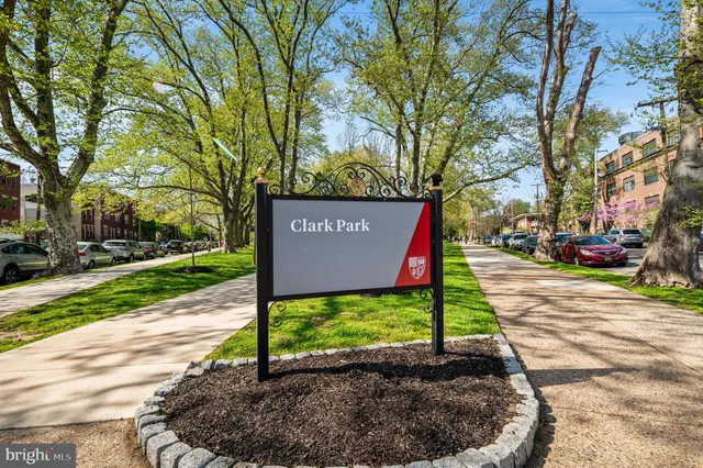 a view of a street with a bench and large trees