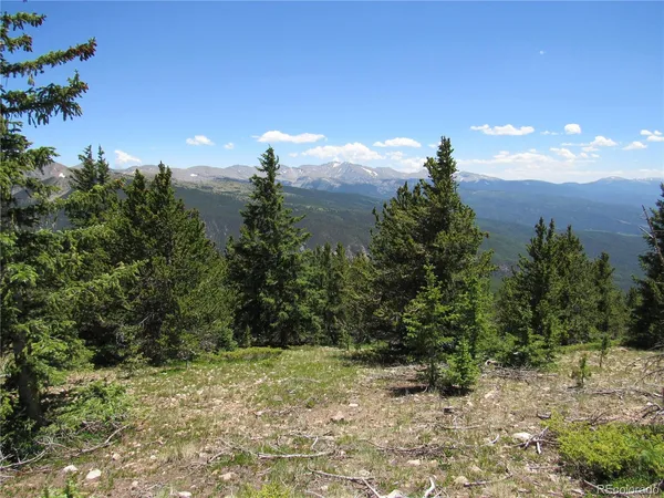 a view of a yard with mountains in the background