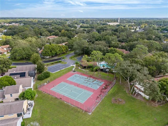 an aerial view of a pool