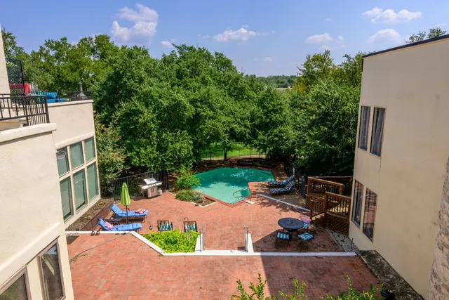 an outdoor space with furniture